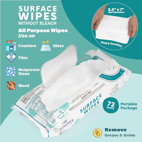 Juniper CLEAN 24 Pack Surface Cleaning Wipes Bleach Free, All-Purpose Cleaner for Bathroom, Kitchen, Office, 1728 Count Soft Flow, Fresh Scent, Bleach Free, Lint Free, Durable - size: 72 Count (Pack of 24)