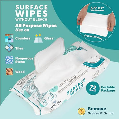 Juniper CLEAN 24 Pack Surface Cleaning Wipes Bleach Free, All-Purpose Cleaner for Bathroom, Kitchen, Office, 1728 Count Soft Flow, Fresh Scent, Bleach Free, Lint Free, Durable - size: 72 Count (Pack of 24)