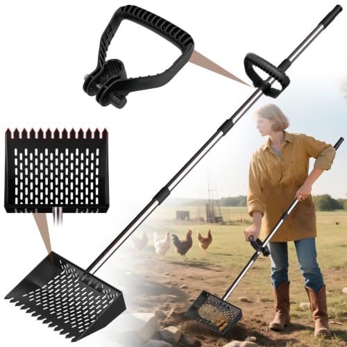 Metal Chicken Poop Scooper & Rake Scoop 10" Metal Chicken Coop Rake | Assistanted Handle Grip Heavy Duty Scoop Tool Adjustable Long Handle Adjustable (36 to 62") for Farm Animals Clean Tool