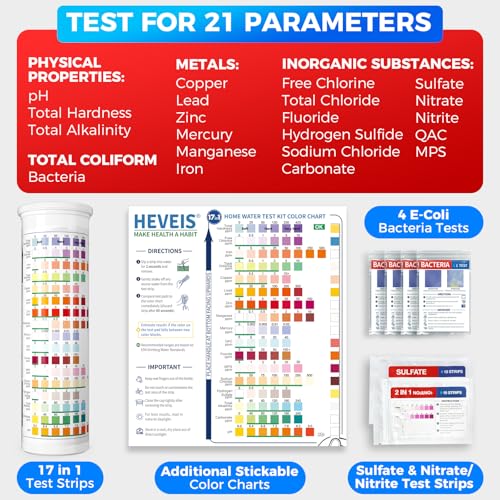 21-in-1 Home Drinking Water Testing Kit - 120 Strips + 4 Bacteria Tests - Tap and Well Water Test Kit, Easy to Test and Read for Hardness, Lead, Iron, Fluoride, pH, Copper, Bacteria and More