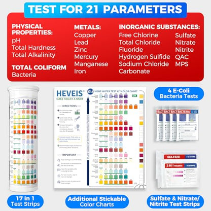 21-in-1 Home Drinking Water Testing Kit - 120 Strips + 4 Bacteria Tests - Tap and Well Water Test Kit, Easy to Test and Read for Hardness, Lead, Iron, Fluoride, pH, Copper, Bacteria and More