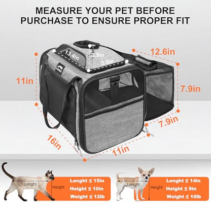 Expandable cat Carrier Soft Sided Airline Approved Pet Carrier Up to 12lbs | Top & Side Expandable, 360° Breathable Mesh, Anti-Collapse Frame, Built-in Safety Leash, Reversible Cushion for Cat Small Dog - color: Grey