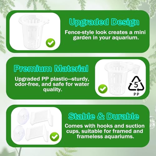 4 Pack Aquarium Plant Holder for Live Plants, Fish Tank Pothos Basket | with 24 Adjustable Hooks (3 Sizes) & 8 Suction Cups, Aquatic Planter for Aquascape Decorations, Emersed Plant Support