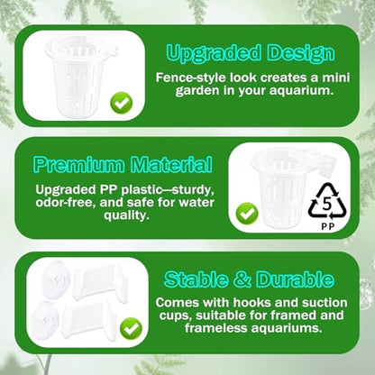 4 Pack Aquarium Plant Holder for Live Plants, Fish Tank Pothos Basket | with 24 Adjustable Hooks (3 Sizes) & 8 Suction Cups, Aquatic Planter for Aquascape Decorations, Emersed Plant Support