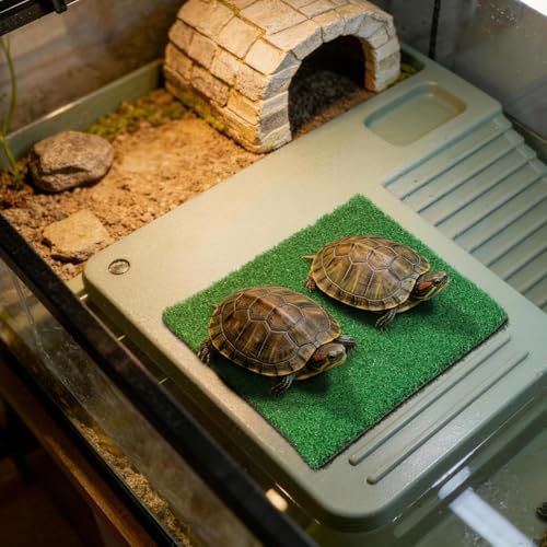 VOSAREA Artificial Grass Square Mat Fake Turf Patch Turtle Basking Platform with Ramp Outdoor Floating Synthetic Grass Tiles for Pet Reptile Habitat