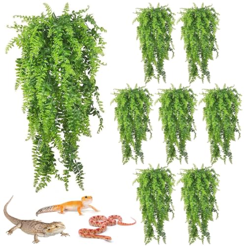 PINVNBY 8 PCS Reptile Plants Terrarium Decor Hanging Fake Vines with Suction Cup Artificial Leaves Bearded Dragon Tank Accessories for Lizards Geckos Snake Hermit Crab - size: 8PCS