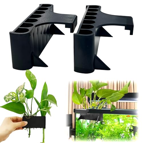 2PC 7 Holes Upgraded Aquarium Plant Holder, Aquatic Plants Cup for Tank, Fish Tank Plant Holder with Long Hook, Aquarium Feeder for Aquascape Decorations on Top of Tank (Black-2PC) - color: Black-2PC