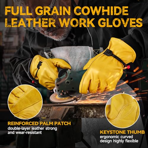 OZERO Leather Work Gloves: Cowhide Gardening Work Gloves, Gold, M, 3 Pairs | Full Grain Cowhide, ANSI/ISEA 105 Certified, Puncture Level 4, Abrasion Level 3, for Gardening Yard Construction Ranch Work - size: Medium (3 Pair)