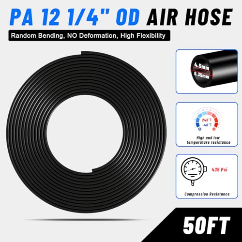 1/4" Air Line Tubing Kit,1/4" OD DOT Air Line 50 FT(15 m) SAE j844 PA Nylon Air Hose Tube and Push to Connect Fitting for Air Brake System Or Fluid Transfer,15 Pcs Compressed Accessories Kit - size: 15PCS & 50FT 1/4" Air Line