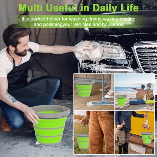 Collapsible Car Wash Bucket with Microfiber Mitt, 10L (2.6 Gallon) Portable Water Buckets with Handle for Car Wash Household Cleaning, Multiuse Collapsible Water Buckett and Car wash mitt - Green - color: Green