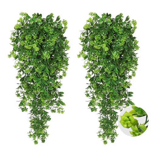 RECUTMS Fake Hanging Plants 2Pcs Outdoor Greenery Artificial Hanging Flower for Outdoors Hanging Basket Artificial Hanging Plants Plastic Home Garden Wedding Party Shelf Aesthetic Decorations(Green) | Faux Green Flowers with Eucalyptus Leaves UV Resistant