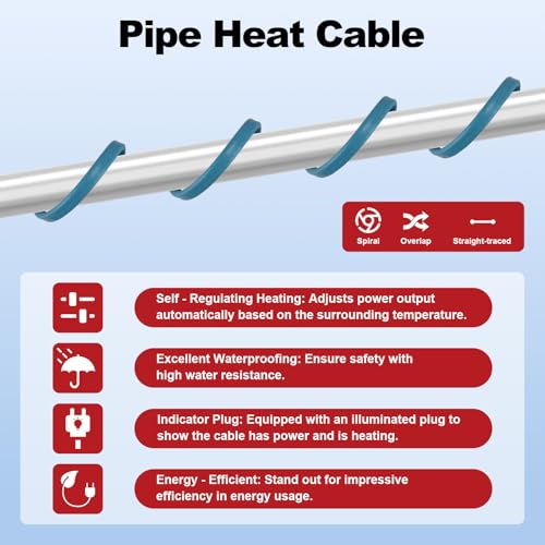 24FT Heat Tape for Water Pipes – Gutter Heat Cable & Water Pipe Insulation, Self-Regulating Temp for Freeze Protection on Metal & Plastic Pipes, Roof Snow De-Icing, Easy Installation 120V