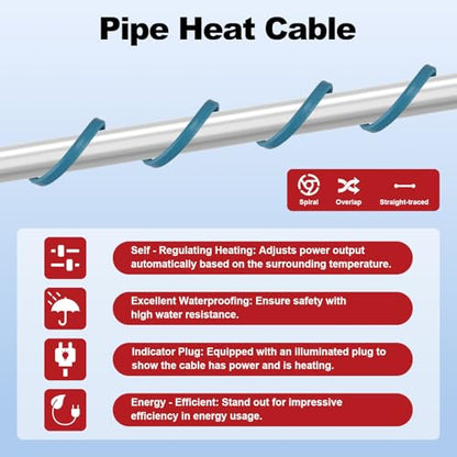 24FT Heat Tape for Water Pipes – Gutter Heat Cable & Water Pipe Insulation, Self-Regulating Temp for Freeze Protection on Metal & Plastic Pipes, Roof Snow De-Icing, Easy Installation 120V