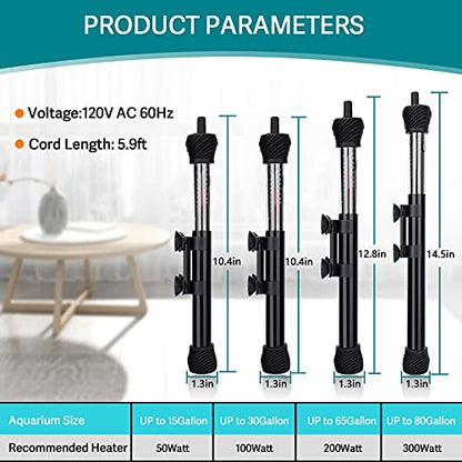 hygger ETL Certification Aquarium Heater, 50W/100W/200W/300W Submersible Fish Tank Thermostat Heater with Firm Double Pair Suction Cups for Coral Saltwater and Freshwater Tank with Thermometer (200W) - size: 200W