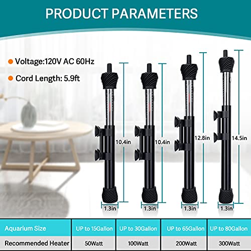 hygger ETL Certification Aquarium Heater, 50W/100W/200W/300W Submersible Fish Tank Thermostat Heater with Firm Double Pair Suction Cups for Coral Saltwater and Freshwater Tank with Thermometer (100W) - size: 100W