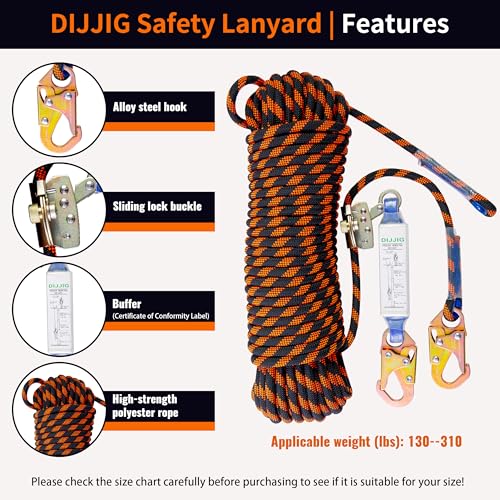 DIJJIG Rope Harness Safety Lanyard 25ft Vertical Roofing Rope With Grab Snap Hooks Shock Absorber Fall Protection Tree Climbing Line Kit Heavy Duty Roof Safety Equipment ANSI CE - style: 25ft