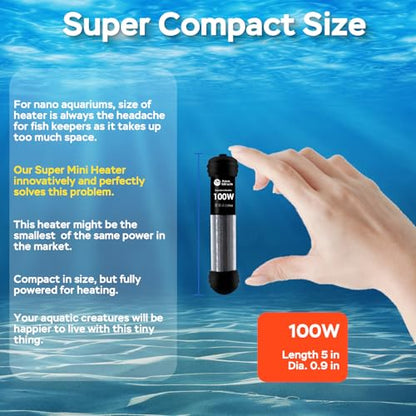 AquaMiracle 100W Small Aquarium Heater Fish Heater, Super Mini Fish Tank Heater Turtle Tank Heater for 10-20 Gal Tanks, with Dual LED Display, Dry-Run/Overheating Protection & Memory Function - size: 10-20 Gal Tanks
