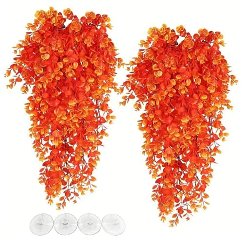 Hamiledyi Fake Reptile Plants 2 Pack Hanging Fake Plants, Plants for Reptiles with Suction Cup, Fake Amphibian Plants for Bearded Dragon Lizard Geckos Chameleon Tank (Orange) - color: Orange, size: 2 PCS