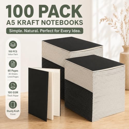 100 Pcs Journals Notebooks Bulk - Kraft Softcover A5 Small Notebooks 5.5 Inch x 8.3 Inch Notepads with 60 Page 30 Sheet for Writing Sketch Travel Office Supplies(Black,Lined) - color: Black, style: Lined