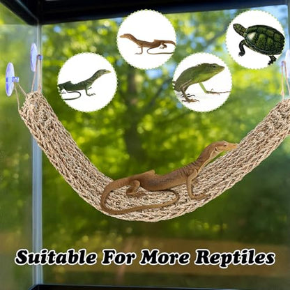 2 Pcs Bearded Dragon Hammock Reptile Lounger, Natural Seagrass Climbing Habitat Decor with Jungle Theme for Lizards, Geckos, Snakes, Iguanas, Amphibians and Terrarium