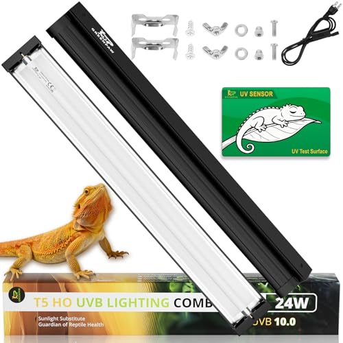 T5 UVB Reptile Light Fixture Combo Kit 24W: 10.0 UVB Light for Reptiles Terrarium Hood Comes with Ho UVB Lamp, 22'' Linear UVB Light Bar for Desert Bearded Dragon,Turtle,Gecko - UV Sensor Test Card - size: 22.6INCH-10.0