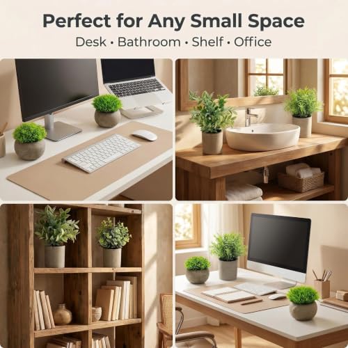 AUUGUU Artificial Potted Plants Faux Greenery in Cement Pots for Shelf, Bookshelf, Office or Home Decor, Small Decorative Fake Plants for Modern Indoor Display