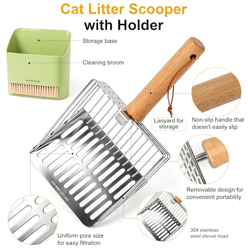 Cat Litter Scoop with Holder, Heavy Duty Stainless Steel Kitty Scooper | with Coarse and Fine Mesh, Includes Broom and Dustpan Set, Quick Sift and Easy Clean, Green - color: Green