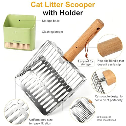 Cat Litter Scoop with Holder, Heavy Duty Stainless Steel Kitty Scooper | with Coarse and Fine Mesh, Includes Broom and Dustpan Set, Quick Sift and Easy Clean, Green - color: Green