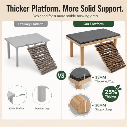 Bearded Dragon Basking Platform, Natural Slate Reptile Basking Rock with Wooden Climbing Ramp, Terrarium Habitat Decor for Lizard, Leopard Gecko, Tortoise, Snake