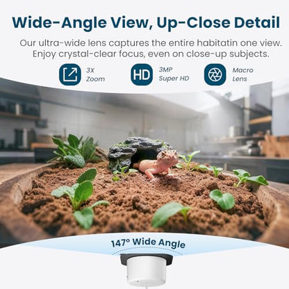 litokam F1.0 Aperture Fish Tank & Reptile Pet Camera.2K 3MP Anti-Glare Aquarium Terrarium Camera with Close-Focus Lens, 147° Ultra-Wide Angle, 3X Zoom, 2.4G/5GHz WiFi