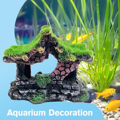 Hamiledyi Resin Hollow Hideout House for Aquarium Decoration Fish Tank Accessories Betta Cave with Lifelike Moss for Shrimp Fish Shelter - style: Pavilion
