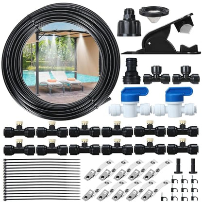 GOTGELIF Patio Misting System, DIY Outdoor Water Mister Cooling Kit | 50FT Leak-Proof Hose with 12 Brass Nozzles, 3/4 Faucet Adapter & 2 Shut-off Valves for Garden, Gazebo, Greenhouse Cooling