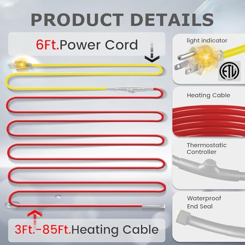 55ft Heat Tape with Thermostat, Electric Pipe Heating Cable 7W/ft | Heated Tape for Water Pipes, Energy-Saving Water Line Heater Trace Cable for Metal & Plastic Home Pipes, 120V