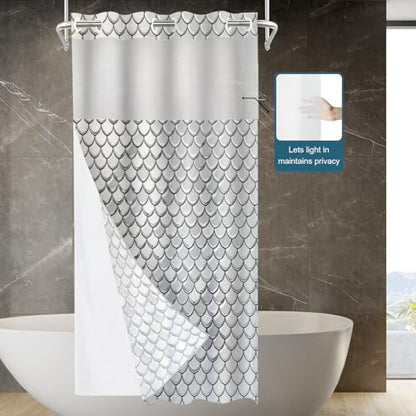 Snake Scale No Hooks Shower Curtain with Snap in Liner Set, Gray Fish Scale Pattern Tub Curtainn Mesh Top Window & Magnetic Hem Waterproof 35.5X74 Inch - color: Snake Scale 1 White03, size: 35.4"W x 74"L (Pack of 1)