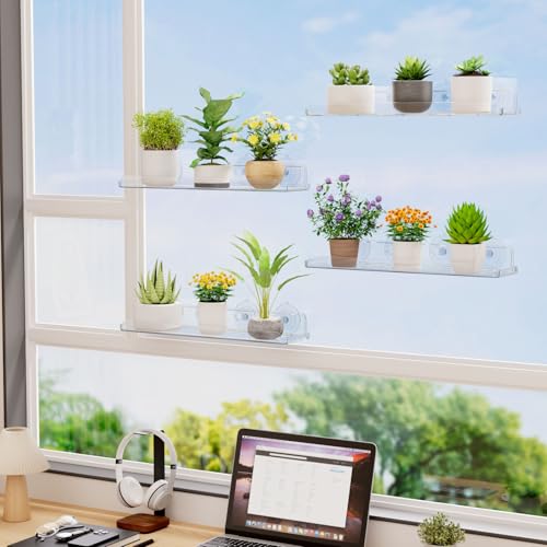 Lifewit Window Plant Shelves 14.6", 2 Pack Acrylic Suction Cup Holder | No-Drill Window Sill Extender for Indoor & Outdoor Micro Greens, Clear Floating Shelf for Bathroom Mirror, or Kitchen Wall