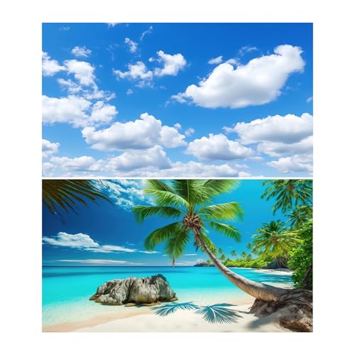 2 Packs Aquarium Background Cloudy Blue Sky Fish Tank Background Tropical Sunny Beach Seaside Coconut Ocean Beach Aquarium Backgrounds Island Amazing Coastal Landscape Fish Tank Backgrounds 24x12in - color: Aqua Blue, size: 24(W)x12(H)inches/ 60(W)*30cm(H