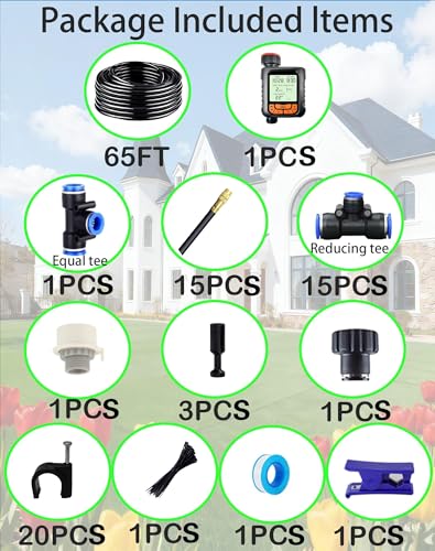 360° Adjustable Drip Irrigation System – Garden Watering Sprinkler System | 12mm Large-Diameter Tubing, Automatic Quick-Connect Misting Sprinkler System for Raised Beds, Lawn, Patio, Yard, Greenhouse - size: 65 FT