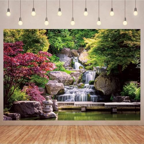 10x6.5ft Nature Waterfall Backdrop Kyoto Garden Travel Scenery Photography Background Japan Garden Landscape Waterfall Red Maple Trees Nature View Room Decoration Supplies Travel Theme Photo Props - size: 10x6.5ft