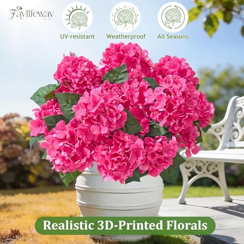 12 Heads Artificial UV Resistant Flowers for Outdoors, Faux hydrangea | Realistic Fake Silk Flowers for Planters Front Porch Garden Window Box Patio Yard Outside Decor ( Hot Pink） - color: Hot Pink