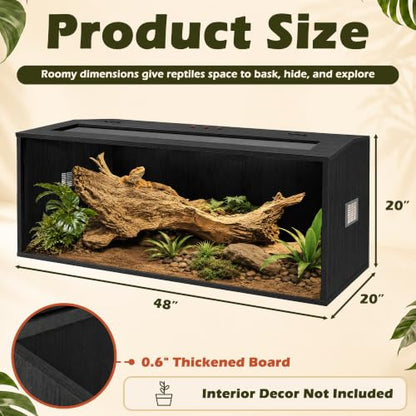 Bearded Dragon Tank, Reptile Enclosure, Tempered Glass Lizard Tank, Bearded Dragon Enclosure with Built-in Lamp Fixture and Wooden Roof for Chameleon (48x20x20 Inch, Black) - color: Black, size: 81 gallons