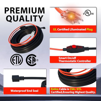 HEATIT Pipe Heating Cable with Thermostat Pipe Freeze Protected 7W/ft 22Ft | Built-in thermostat on at 3°C (37°F), off at 10°C (50°F), ETL certified heating cable for pipe freeze protection. - style: 22 Feet