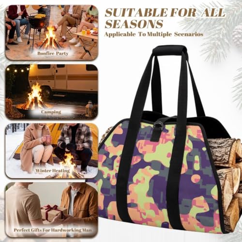Pixel Camo Print Firewood Carrier Bag with Padded Handles | Adjustable Buckle Straps, Water Resistant, Suitable for Indoor Fireplace and Outdoor Camping - color: Pastel Pink Purple Pixel Camo Print