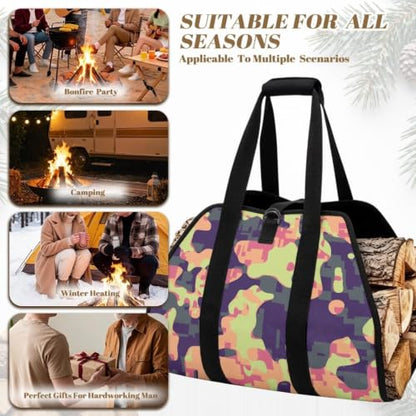 Pixel Camo Print Firewood Carrier Bag with Padded Handles | Adjustable Buckle Straps, Water Resistant, Suitable for Indoor Fireplace and Outdoor Camping - color: Pastel Pink Purple Pixel Camo Print