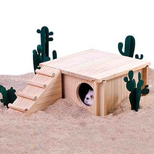 Fhiny Wooden Hamster Hideout for Small Animal, Gerbils Chamber Hut with Ladder Habitats Decor, Maze Climbing Toys for Dwarf Syrian Hamsters Mice and Other Small Pets - size: 2-Chamber with Ladder