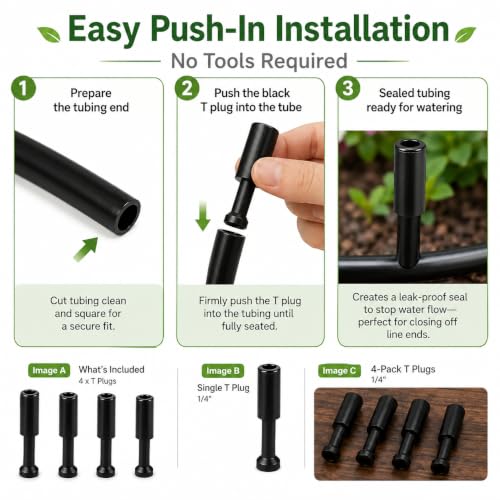 4-Pack 1/4 Inch Drip Irrigation T Plugs for Watering Kits | Push-In Plugs Seal Tubing Ends, Replace Lost Parts and Adjust Garden Watering Layouts for HEKIWAY Kits - size: 1/4 T Plug (Fitting)