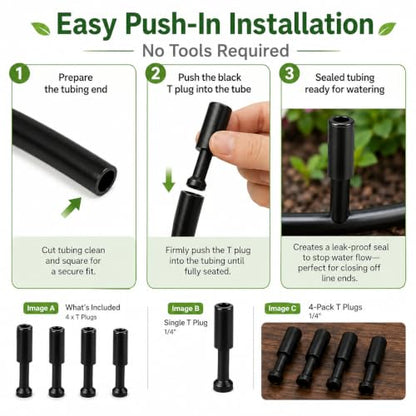 4-Pack 1/4 Inch Drip Irrigation T Plugs for Watering Kits | Push-In Plugs Seal Tubing Ends, Replace Lost Parts and Adjust Garden Watering Layouts for HEKIWAY Kits - size: 1/4 T Plug (Fitting)