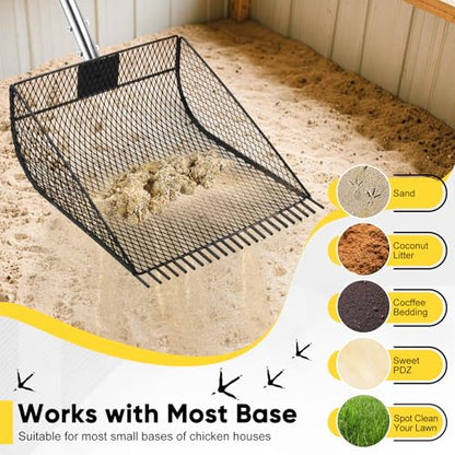 Large 12-inch Chicken Poop Scooper Rake, Durable Metal Poop Scoop for Chicken with 24 to 68" Adjustable Stainless Steel Handle, Litter Scooper for Sand Sifting Shovel for Animals House