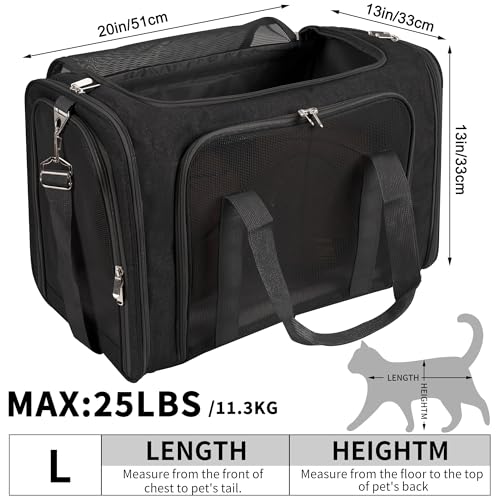 Soft-Sided Cat/Dog/Pet Carrier, Collapsible Pets Travel Carriers | For Big Cats/Small Dogs with Shoulder Strap & Removable Mat, Mesh Puppy Carry Bag, Up to 25 Lbs, TSA Airline Approved(Black) - color: BLACK, size: 20"L x 13"W x 13"H
