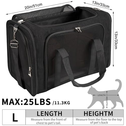 Soft-Sided Cat/Dog/Pet Carrier, Collapsible Pets Travel Carriers | For Big Cats/Small Dogs with Shoulder Strap & Removable Mat, Mesh Puppy Carry Bag, Up to 25 Lbs, TSA Airline Approved(Black) - color: BLACK, size: 20"L x 13"W x 13"H