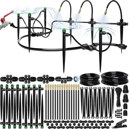 Drip Irrigation System Kit with Atomizing Copper Nozzles 100 feet | For Raised Beds or Greenhouse with 15 pcs 360° Atomizing Nozzles + 16 pcs Adjustable Drip Emitters + 5/16" and 1/4" Tubing - size: 15 Atomizing Nozzles + 16 Sprinklers + 100 feet